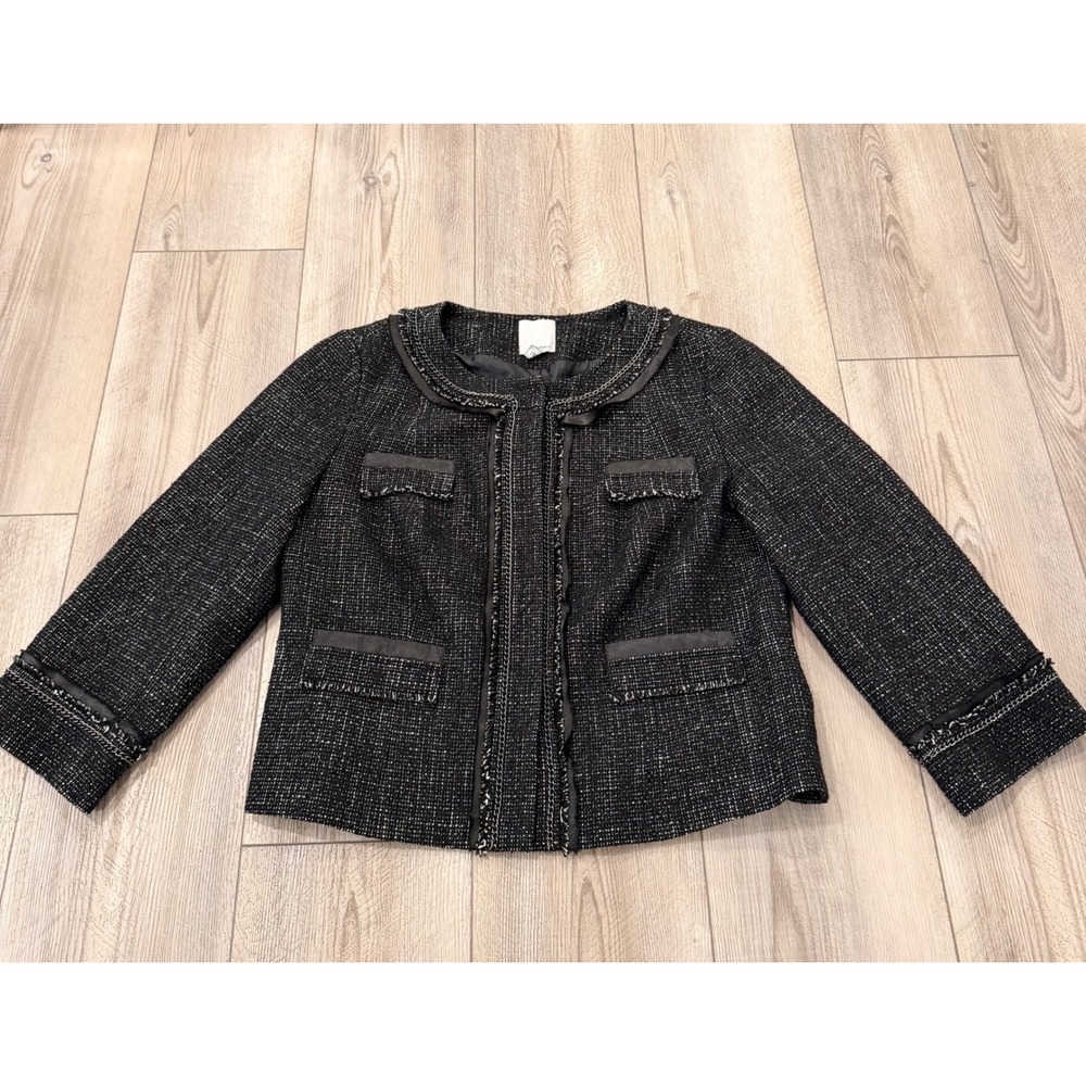 Halogen Black White Tweed Chain Trim Jacket Faux Leather Detail Size M